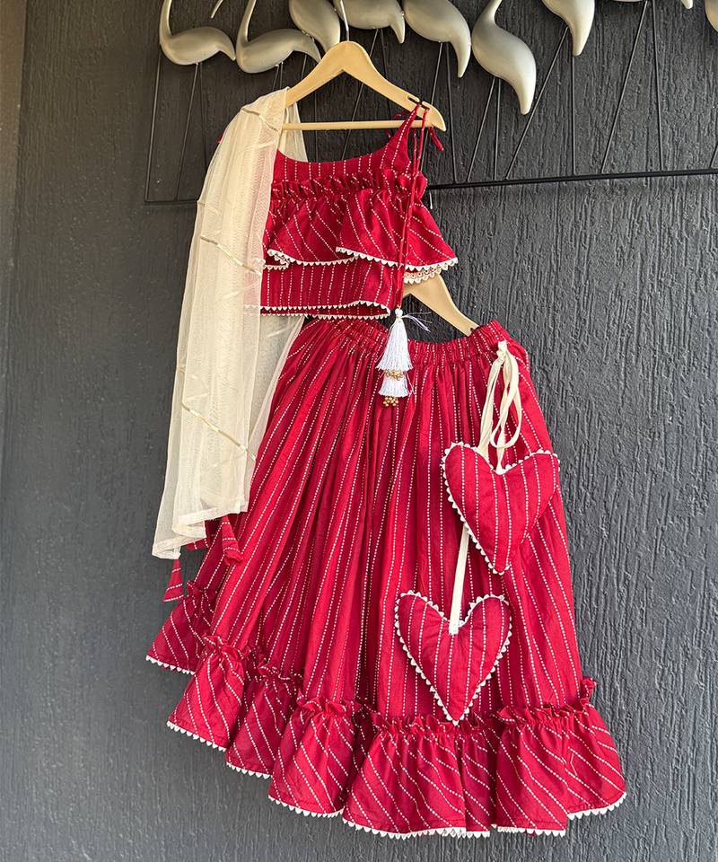 Crimson red embroidered cotton silk lehenga set