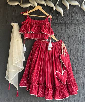 Crimson red embroidered cotton silk lehenga set 5