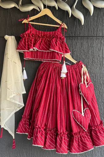 Crimson red embroidered cotton silk lehenga set