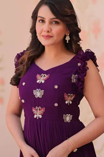 purple color sequin multithreaded beaded embroidered silk blend gown