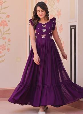 purple color sequin multithreaded beaded embroidered silk blend gown 3