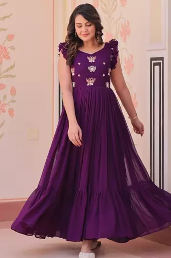 purple color sequin multithreaded beaded embroidered silk blend gown
