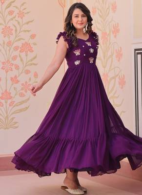 purple color sequin multithreaded beaded embroidered silk blend gown 1