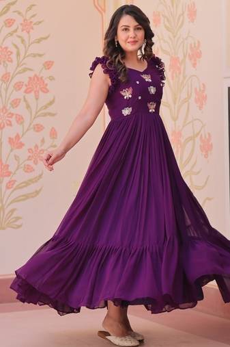 purple color sequin multithreaded beaded embroidered silk blend gown