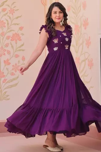 purple color sequin multithreaded beaded embroidered silk blend gown