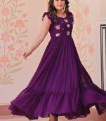 purple color sequin multithreaded beaded embroidered silk blend gown