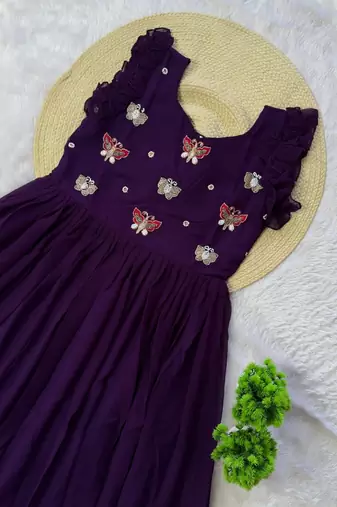 purple color sequin multithreaded beaded embroidered silk blend gown
