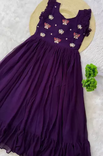 purple color sequin multithreaded beaded embroidered silk blend gown