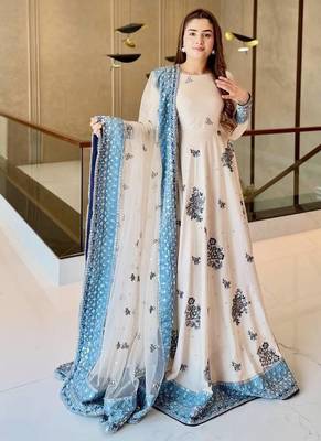 White&blue georgette readymade anarkali suit with embroidery & sequence work 1
