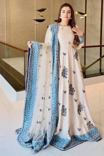 White&blue georgette readymade anarkali suit with embroidery & sequence work
