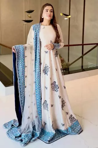 White&blue georgette readymade anarkali suit with embroidery & sequence work