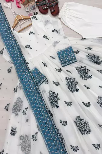 White&blue georgette readymade anarkali suit with embroidery & sequence work