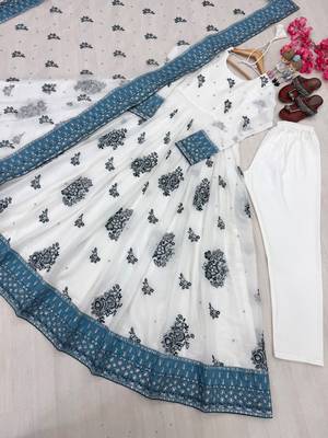 White&blue georgette readymade anarkali suit with embroidery & sequence work 4