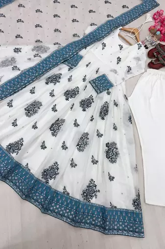 White&blue georgette readymade anarkali suit with embroidery & sequence work
