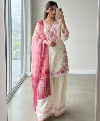 White&pink rayon readymade suit with embroidery & lace border work 1