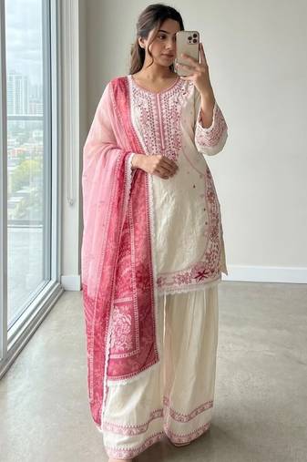 White&pink rayon readymade suit with embroidery & lace border work
