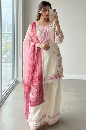 White&pink rayon readymade suit with embroidery & lace border work