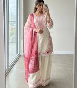 White&pink rayon readymade suit with embroidery & lace border work