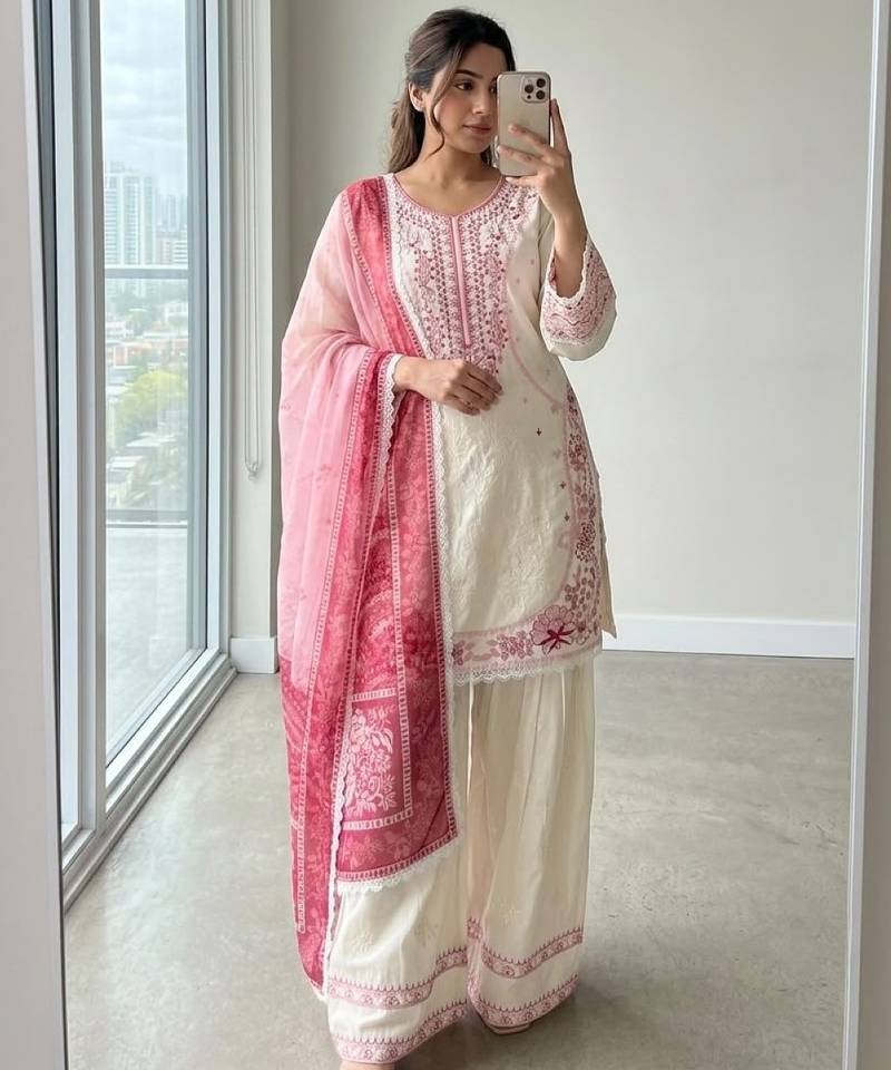 White&pink rayon readymade suit with embroidery & lace border work