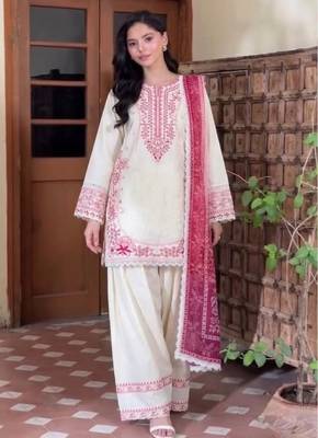 White&pink rayon readymade suit with embroidery & lace border work 2
