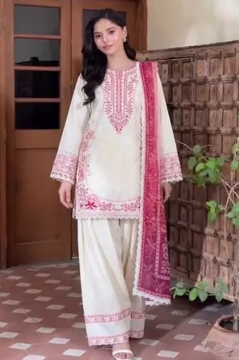 White&pink rayon readymade suit with embroidery & lace border work