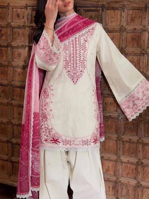 White&pink rayon readymade suit with embroidery & lace border work 3