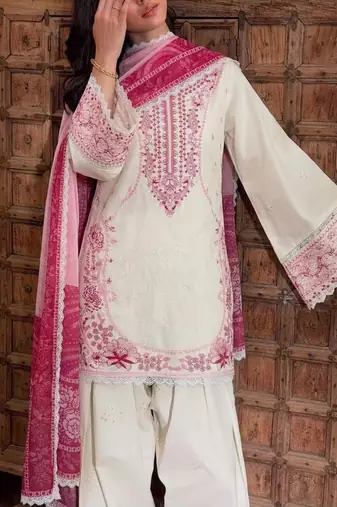 White&pink rayon readymade suit with embroidery & lace border work