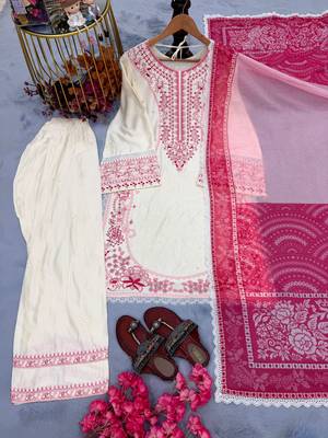 White&pink rayon readymade suit with embroidery & lace border work 4