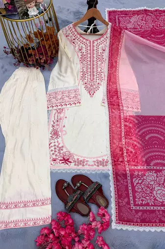 White&pink rayon readymade suit with embroidery & lace border work
