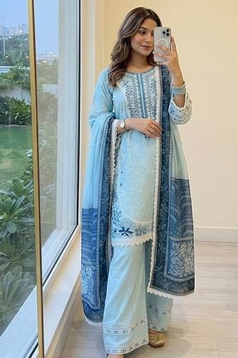 Blue rayon readymade suit with embroidery & lace border work