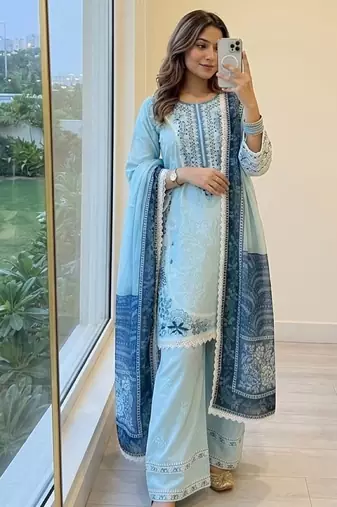 Blue rayon readymade suit with embroidery & lace border work