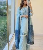 Blue rayon readymade suit with embroidery & lace border work