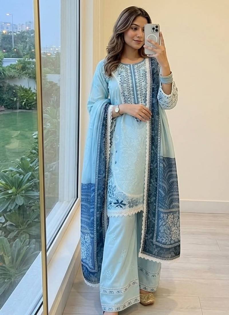 Blue rayon readymade suit with embroidery & lace border work