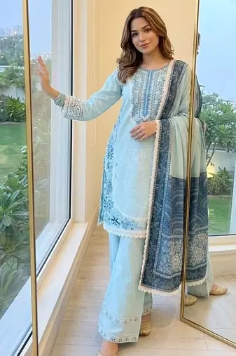 Blue rayon readymade suit with embroidery & lace border work