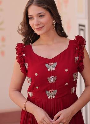 maroon color sequin multithreaded beaded embroidered silk blend gown 2