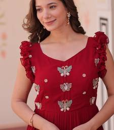 maroon color sequin multithreaded beaded embroidered silk blend gown