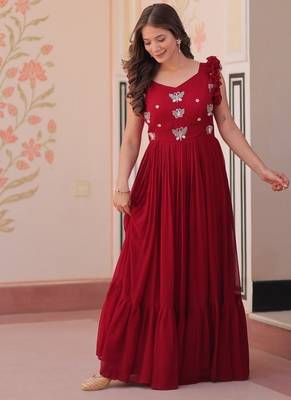 maroon color sequin multithreaded beaded embroidered silk blend gown 3