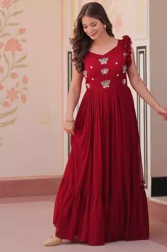 maroon color sequin multithreaded beaded embroidered silk blend gown
