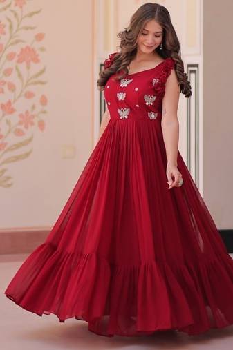 maroon color sequin multithreaded beaded embroidered silk blend gown