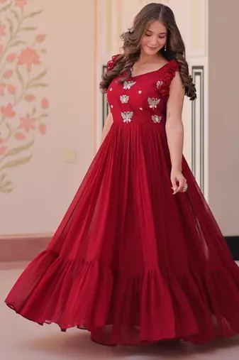 maroon color sequin multithreaded beaded embroidered silk blend gown
