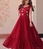 maroon color sequin multithreaded beaded embroidered silk blend gown
