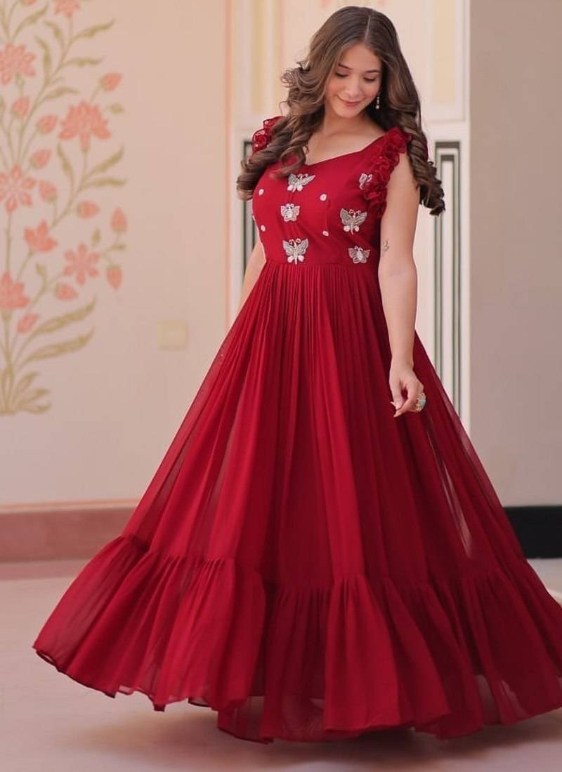 maroon color sequin multithreaded beaded embroidered silk blend gown