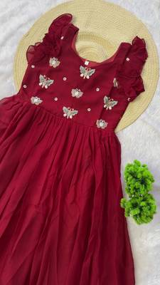 maroon color sequin multithreaded beaded embroidered silk blend gown 4