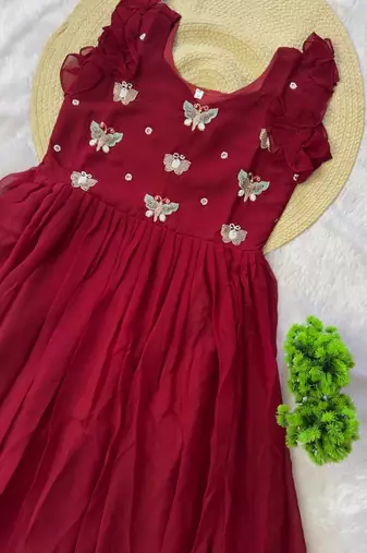 maroon color sequin multithreaded beaded embroidered silk blend gown
