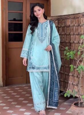 Blue rayon readymade suit with embroidery & lace border work 3