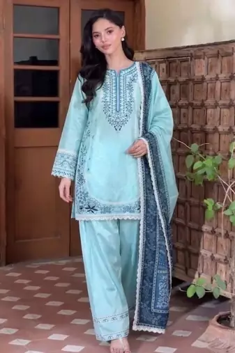 Blue rayon readymade suit with embroidery & lace border work