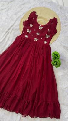 maroon color sequin multithreaded beaded embroidered silk blend gown 5