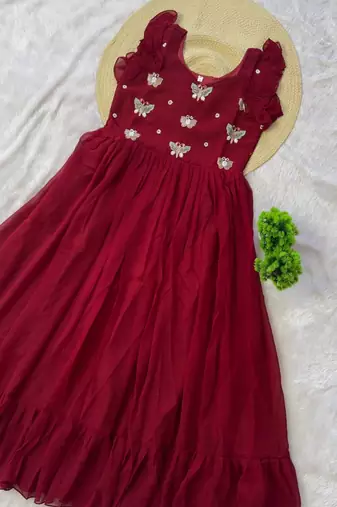 maroon color sequin multithreaded beaded embroidered silk blend gown