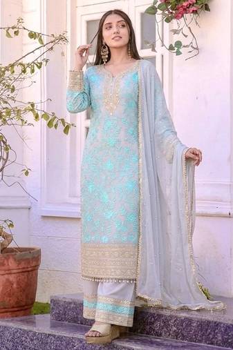Grey&blue georgette readymade suit with embroidery & sequence work