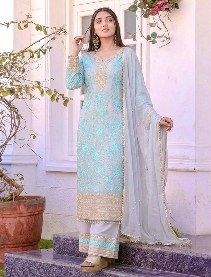Grey&blue georgette readymade suit with embroidery & sequence work